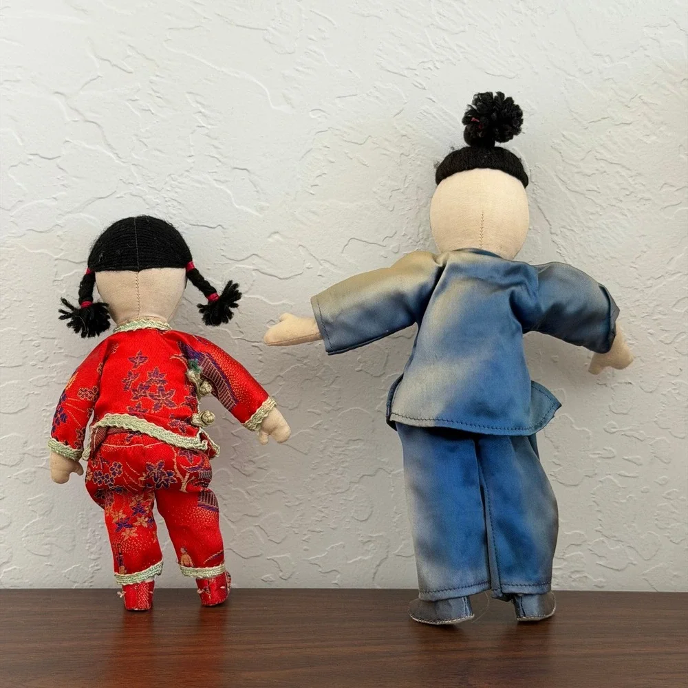 Pair Of Vintage Asian Dolls Primitive Blue Red‎ Boy and Girl Unique